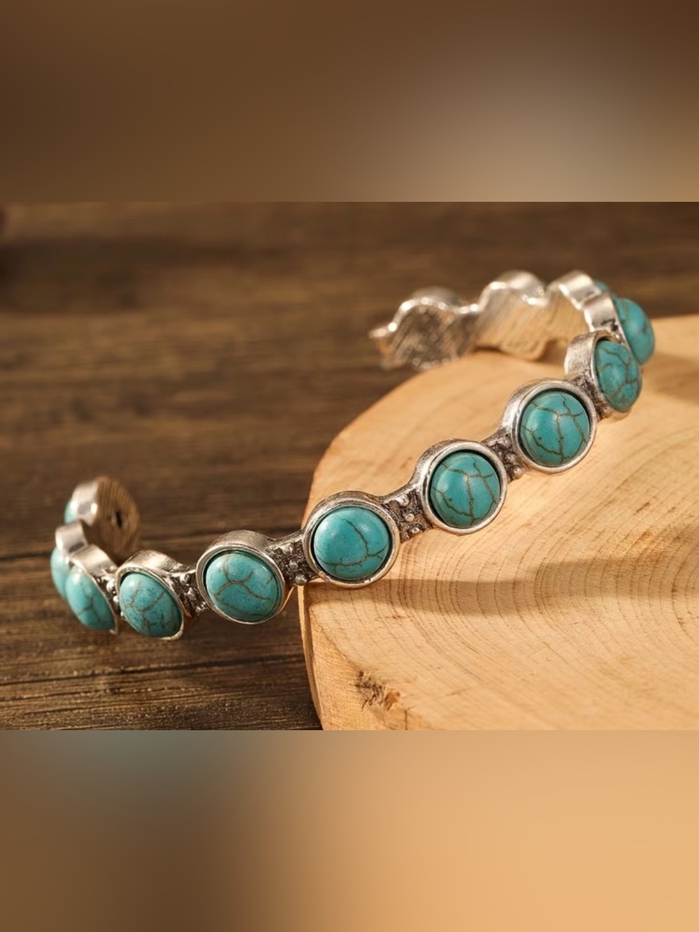 Western Cuff Bracelet Turquoise Bead Silver Tone Bracelet